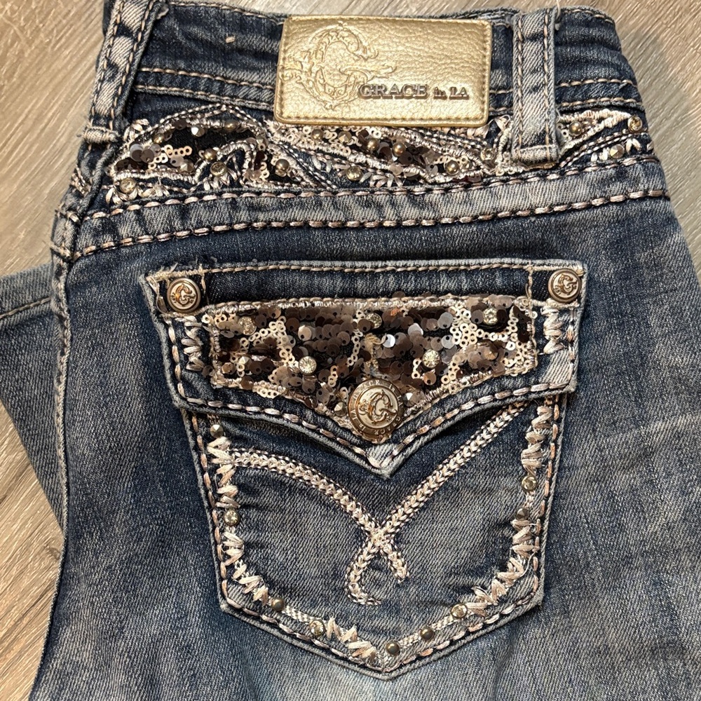 Grace in LA Women's Dark Blue Sequin Boot Cut Jeans